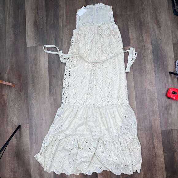 Allison Estelle Cream Eyelet Maxi Dress Small Cotton NWT Belted Boho Embroidered - Picture 13 of 14